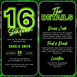 Animated 16th Birthday Invitation, 16th Digital Invite for Boy, 16 yr old Bday Video Invitation Itinerary, Neon Invite Template Mobile Evite