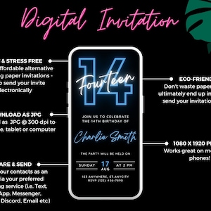 May include: Digital invitation for a 14th birthday, presented on a smartphone graphic with neon blue text. The invitation includes the date, time, and location, with the name "Charlie Smith". The design is set against a black background.