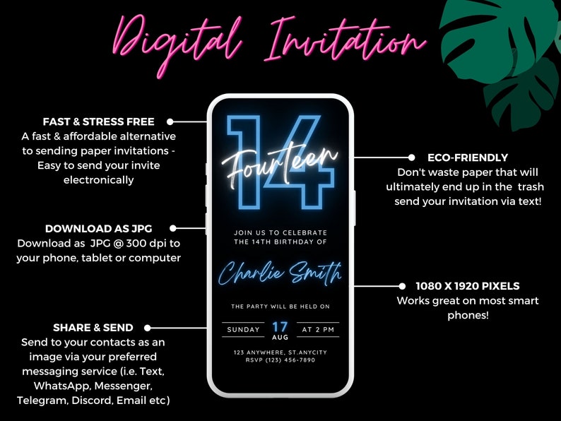 May include: Digital invitation for a 14th birthday, presented on a smartphone graphic with neon blue text. The invitation includes the date, time, and location, with the name "Charlie Smith". The design is set against a black background.