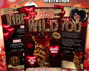Digital Cheetah Galentines Party Invitation Template Gold & Red Galentines Gone Wild Flyer Girls Night Out Invite Leopard Print Editable