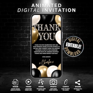 Cartão de agradecimento digital em vídeo para celular, cartão eletrônico editável para festa com balões em preto, branco e dourado Obrigado por comemorar comigo