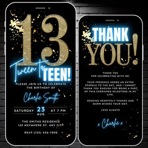 Animated Tween To Teen Invitation Digital Blue 13th Birthday Party Invite for Girls or Boys, Self Editable Template, 13 Flyer & Thank You