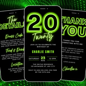 Faire-parts numériques 20e anniversaire pour garçons, invitation vidéo 20e anniversaire homme à modifier soi-même avec détails et carte électronique de remerciement, modèle d'invitation mobile néon