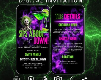 May include: An animated digital invitation for a Halloween party with a green and purple colour scheme. The invitation features a cartoon image of a green-skinned character with a martini glass. The text on the invitation reads "Sips About To Go Down!" and includes details about the party, such as the date, time, location, and dress code.