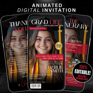 Digitale Abschlusseinladung Reiseplan, bearbeitbarer Abschluss-Ankündigungsflyer, Grad-Party-Einladung, Foto-Abschluss-Magazin Evite