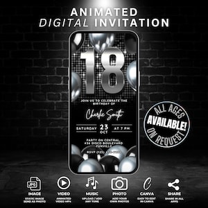 Animated 18th Birthday Invitation, Black & Silver 18 Party Invite, Personalised Video Invite, Digital 18th Bday Teen Party Instant Download