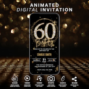 Faire-part numérique 60e anniversaire pour femme, faire-part 60e animé pour homme, soirée surprise Whatsapp avec diamants noir et or