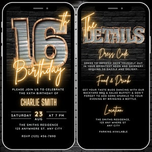 Digital Sweet Sixteen 16th Birthday Party Invitation for Boys Girls, 16 Digital Video Invite & Details, Editable Black Gold Canva Template
