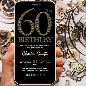 Digital 60th Birthday Invitation for him, 60th Birthday Invite Man, 60 Invite Adult, Retro Vintage Steampunk Evite Editable Template Text