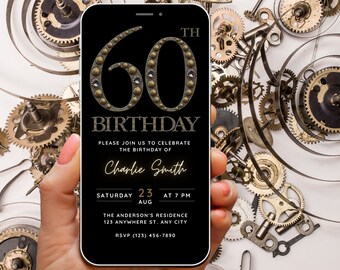 Invitación digital de cumpleaños número 60 para él, invitación de cumpleaños número 60 para hombre, 60 invitaciones para adultos, texto de plantilla editable Retro Vintage Steampunk Evite
