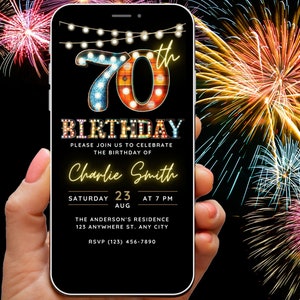 70e verjaardag uitnodiging digitale uitnodiging sjabloon voor hem voor haar 70 Music Festival achtertuin zomerfeest, vuurwerk tuinfeest Evite