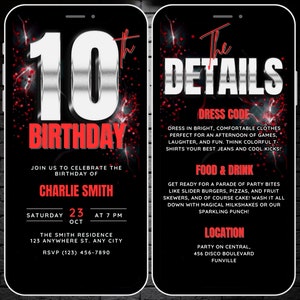 Faire-part pour 10 ans de garçon, rouge argenté, 10 ans d'anniversaire, invitation vidéo, page de détails de l'itinéraire et de la fête du 10e anniversaire numérique éditable