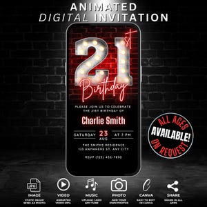 21st Birthday Invitation Template Download for Men Women, 21st Birthday Invite, 21 st Party Digital Evite Ecard Editable Neon Red Invite