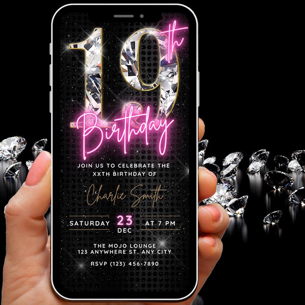 Womens Animated 19th Birthday Invitation, Diamond Video Invitation Digital 19th Birthday Party Invite Template, Nineteen Evite Phone Invite