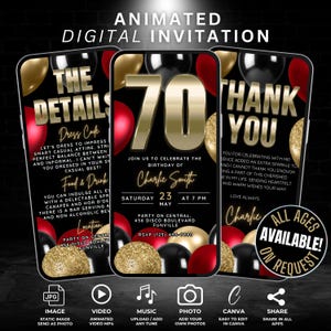 Invitación en video digital para el 70.° cumpleaños, editable, con globos rojos, negros y dorados, para la fiesta de cumpleaños número setenta, detalles y tarjeta de agradecimiento