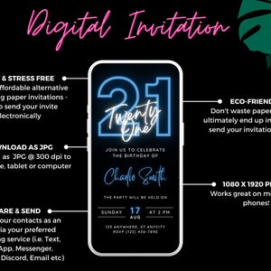 May include: A digital invitation for a 21st birthday party. The invitation features a neon blue number 21 with the text "Twenty One" and the name "Charlie Smith". The party details include the date, time, and location. The invitation is designed for easy sharing via text message or social media.