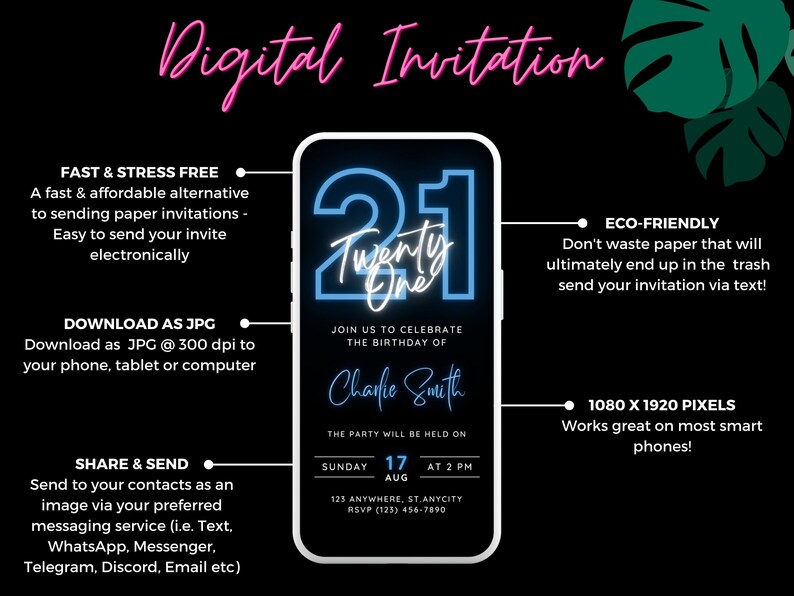 May include: A digital invitation for a 21st birthday party. The invitation features a neon blue number 21 with the text "Twenty One" and the name "Charlie Smith". The party details include the date, time, and location. The invitation is designed for easy sharing via text message or social media.