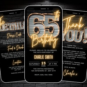 May include: Three black and gold smartphone mockups with a birthday party invitation. The centre phone shows the text "65th Birthday" with a neon glow. The left phone shows the text "The Details" with sections for dress code, food and drink, and location. The right phone shows the text "Thank You!" with a message of gratitude.