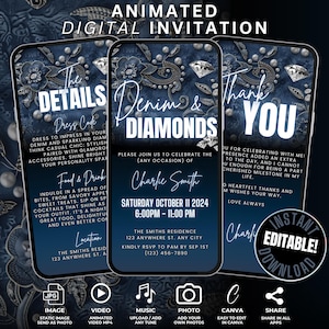 Digital Denim & Diamonds Invitation Itinerary Template and Thank You eCard, Self Edit Animated Western Cowgirl Birthday Dinner Party Invite