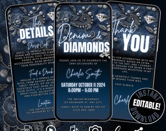 Digital Denim & Diamonds Invitation Itinerary Template and Thank You eCard, Self Edit Animated Western Cowgirl Birthday Dinner Party Invite