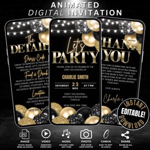 Plantilla de invitación en video para fiestas digitales para cualquier celebración, cumpleaños, aniversario, invitación de felicitación, detalles y tarjeta de agradecimiento