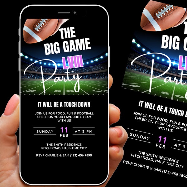 Super bowl LVIII Party Invite, Animated football Watch Party Invitation, American Football  2024 Evite, Phone Invitation,Super game sunday