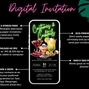 May include: A digital invitation for a Halloween party with the text "Costumes & Cocktails" in neon green letters. The invitation includes the date, time, and location of the party. The background is black with a green leaf design.