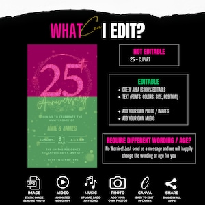 Pu&ograve; includere: Un modello di invito digitale per una celebrazione del 25&deg; anniversario. L'invito presenta uno sfondo rosa e verde con un numero 25 rosa scintillante. Il testo sull'invito recita "Unisciti a noi per celebrare l'anniversario di Amie e James".