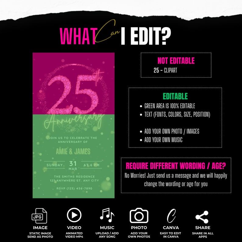 Pu&ograve; includere: Un modello di invito digitale per una celebrazione del 25&deg; anniversario. L'invito presenta uno sfondo rosa e verde con un numero 25 rosa scintillante. Il testo sull'invito recita "Unisciti a noi per celebrare l'anniversario di Amie e James".