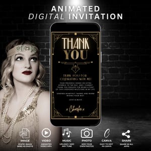 Tarjeta de agradecimiento digital Art Deco en negro y dorado / Plantilla Canva / Tarjeta electrónica de agradecimiento personalizable / Inspirada en el bar clandestino de los años 20 de El Gran Gatsby