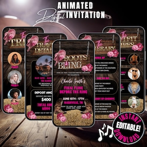 Digitale Stiefel & Bling Bachelorette Einladung Reiseplan, bearbeitbar Letztes Rodeo einladen Pink Floral Western Thema Nashville Reise