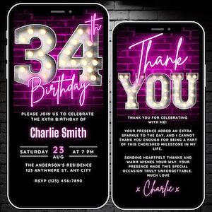 Invitation modifiable au 34e anniversaire pour les femmes Modèle numérique, Invitations pour adultes, Invitation au 34e anniversaire, 34e Party Flyer Evite Merci Ecard