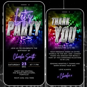 Animated Lets Party Invite Digital Invitation, Disco Diva Birthday Video Invite, Editable Boogie Nights Invite, Disco Evite & Thank You