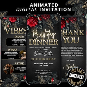 Faire-part d'anniversaire rose rouge et dentelle noire avec vibes et carte de remerciement, dîner d'anniversaire impertinent élégant modifiable et invitation de boissons