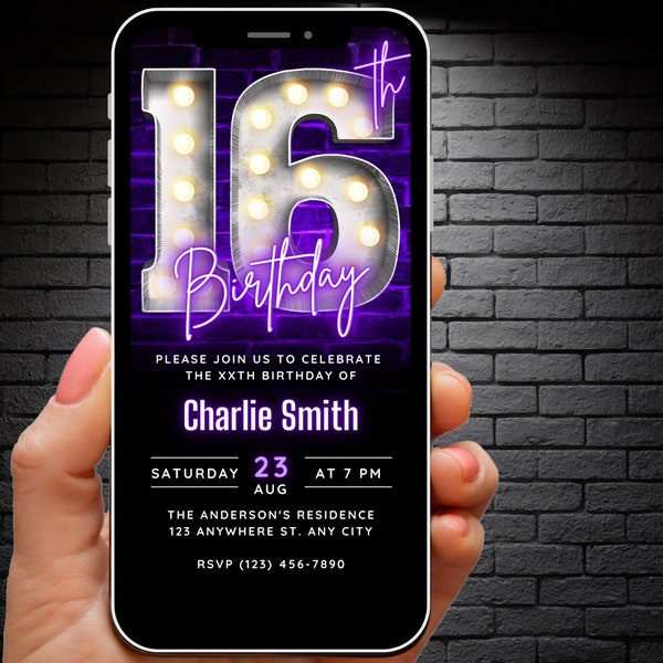 Digital Sweet 16th Birthday Invitation for Girls, 16th Birthday Invite Editable Template, Teenager Invites Neon Purple 16 yr old Phone Evite