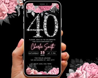 Digital 40th Birthday Invitation for Girls, 40th Invite Womens Editable Pink Floral Diamond Party Invitations, forty Evite Template