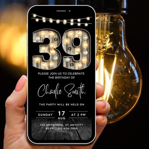 Invitación a la fiesta de cumpleaños número 39 para él, invitación para adultos, invitación telefónica, invitación al número de marquesina, invitación digital, Evite descargable