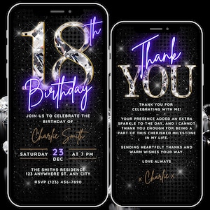 Vidéo d’invitation numérique au 18e anniversaire pour les filles, modèle Canva d’invitation au 18e anniversaire en diamant Neon Purple Teen Party Evite, carte électronique de remerciement