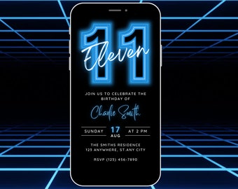Animated 11th Birthday Invitation Template for Boys, Editable 11th Birthday Party Invite Neon Blue, Digital Eleven Evite, 11 Invitation