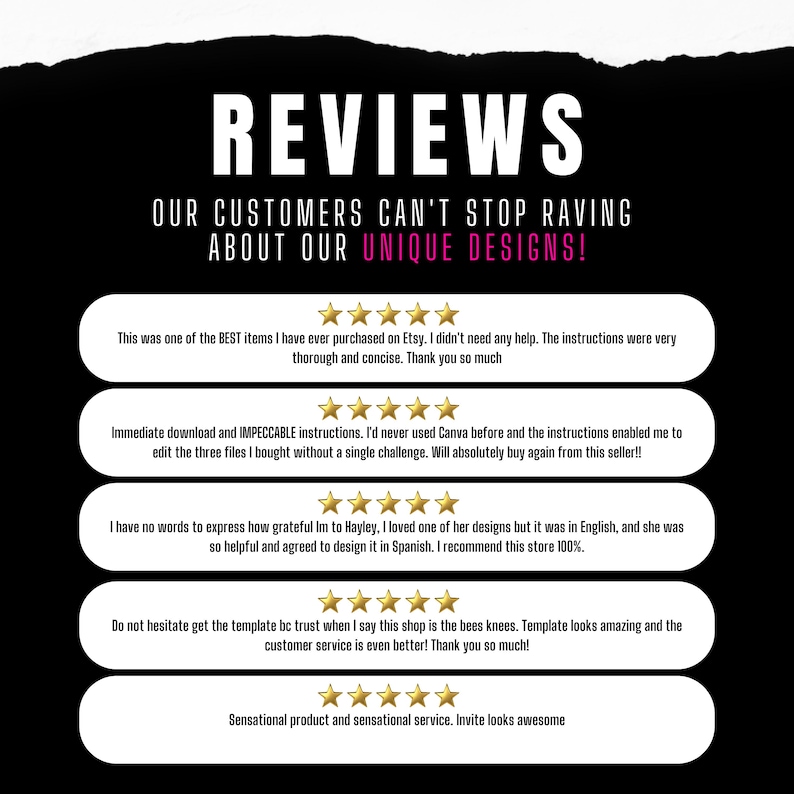 May include: A screenshot of a website with customer reviews about unique designs. The reviews are all positive and highlight the quality of the products and the excellent customer service. The reviews are displayed in a white box with a black background.