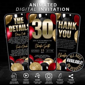 Convite de vídeo para 30º aniversário, convite digital editável vermelho, preto e dourado, balão, aniversário, marco, festa, trinta, com detalhes e cartão de agradecimento