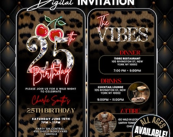 25th Cheetah Print Birthday Invitation & Vibes Leopard Print Evite, Animated Red Cherry Party Flyer, Adult Birthday Dinner and Drinks Invite