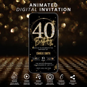 Invitación digital de 40 cumpleaños para mujeres, invitación animada de cuarenta para hombres, fiesta sorpresa de diamantes negros y dorados Whatsapp Virtual Evite