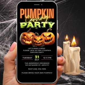 Op de afbeelding: Een digitale uitnodiging voor een pompoen-snitspartij op dinsdag 31 oktober van 12.00 tot 15.00 uur. De uitnodiging toont drie gesneden pompoenen met enge gezichten en de tekst "Pumpkin Carving Party".