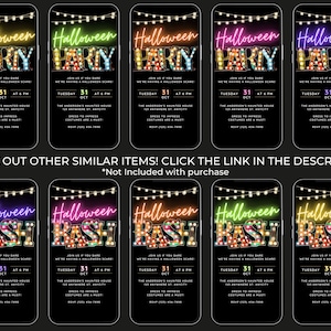 May include: Ten digital phone screen mockups with a Halloween party invitation. The invitation features a neon sign that says "Halloween Bash" with string lights above the sign. The invitation includes the date, time, and location of the party. The text on the invitation reads: "Join us if you dare, we're having a Halloween scare!"  "Tuesday, October 31 at 6 PM. The Anderson's Haunted House, 123 Anywhere St., Amityville. Dress to impress, costumes are a must! RSVP 123-456-7890"