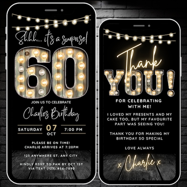 Surprise 60th Birthday Invitation for Men 60 Invite for Adults Phone Invitation Rustic Shhh Its a Surprise Invite Digital Invite for Him Guy