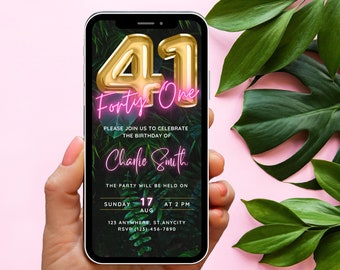 Digital 41st Birthday Party Invitation Template, Neon Pink Tropical theme invite, Phone Invite, Pink Tropical, Virtual Invitation, Evite