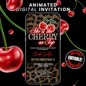 アニマルプリント＆チェリーのバースデーディナー招待状、編集可能なShes the Cherry on Topの電話招待状、チータープリントの招待状、Mon Cheriの招待状