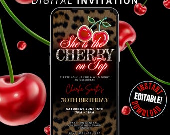 Animal Print & Cherry Birthday Dinner Invite, Editable Shes the Cherry on Top Phone Invitation, Cheetah Print Evite, Mon Cheri Invitation