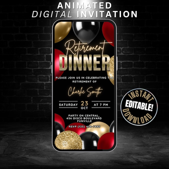 Animated Retirement Dinner Invite Digital Self Edit Surprise Retirement Invitation Template, Red & Gold Retirement Party Invite for Phone